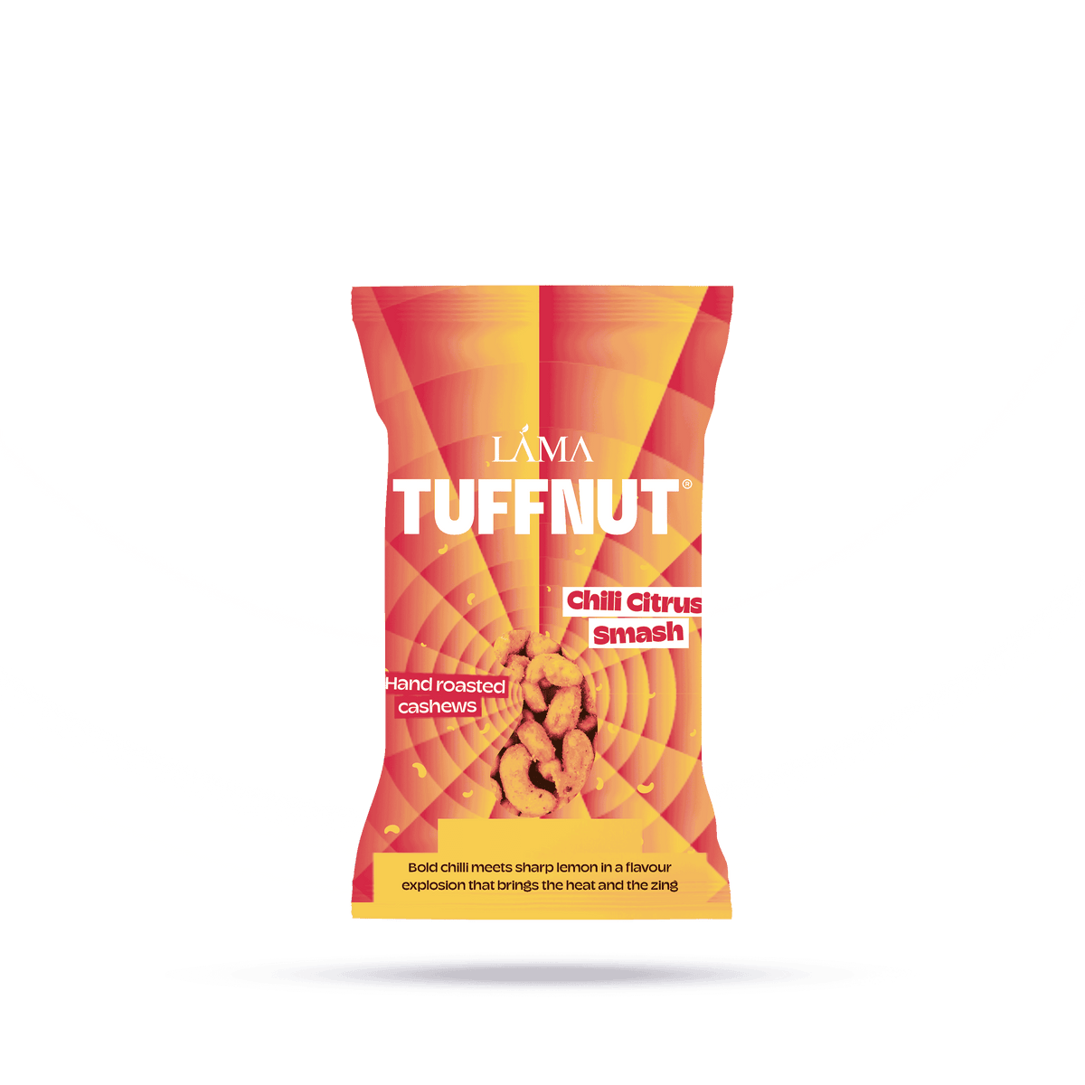 The image showcases TuffNut Chilli Citrus Smash Cashews in a vibrant orange and red package, with hand-roasted cashews featuring bold chili and zesty lemon flavors.