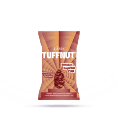 A vibrant red and orange TuffNut Smoky Paprika Pop Almonds bag, featuring seasoned almonds, highlights Hand roasted skinless almonds, perfect for savory snacking.
