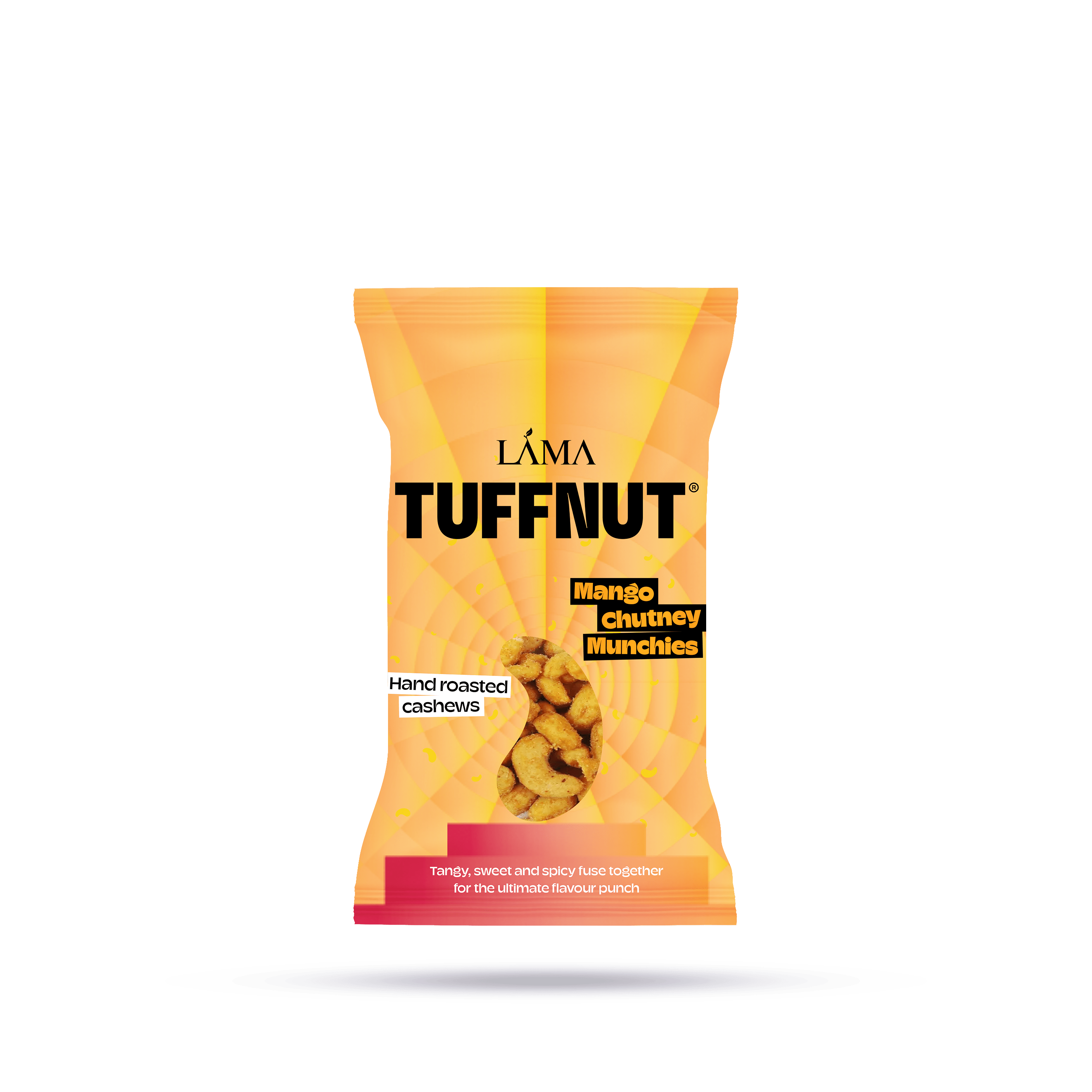Lama Tuffnut mango flavor cashew package on a white background