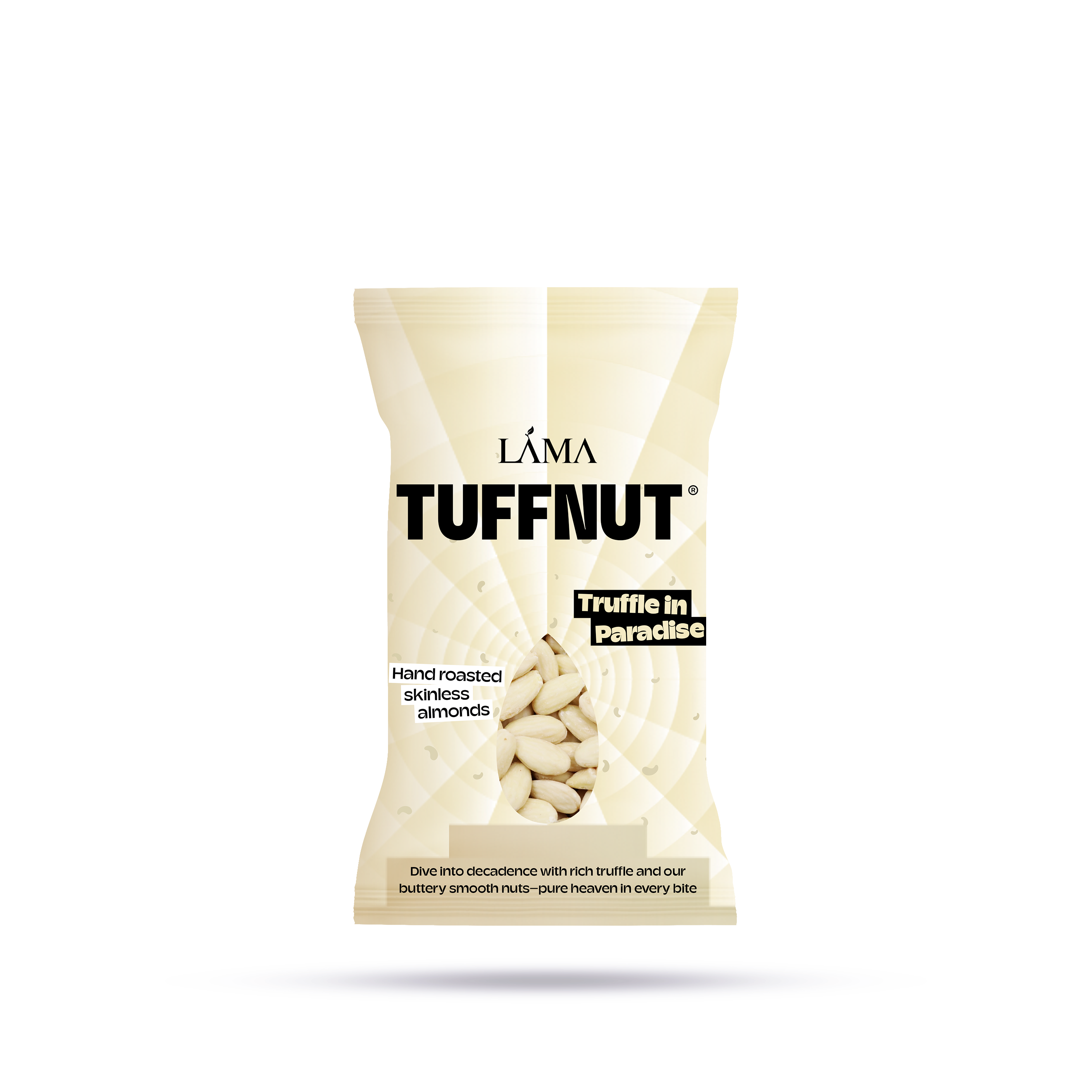 Lama Tuffnut Truffle Flavoured Skinless Almonds 40g pack on a white background.