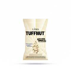 The LÄMA TuffNut Truffle in Paradise Almonds come in a white and beige bag, featuring scattered roasted almonds and text highlighting their rich truffle flavor and buttery smooth texture.