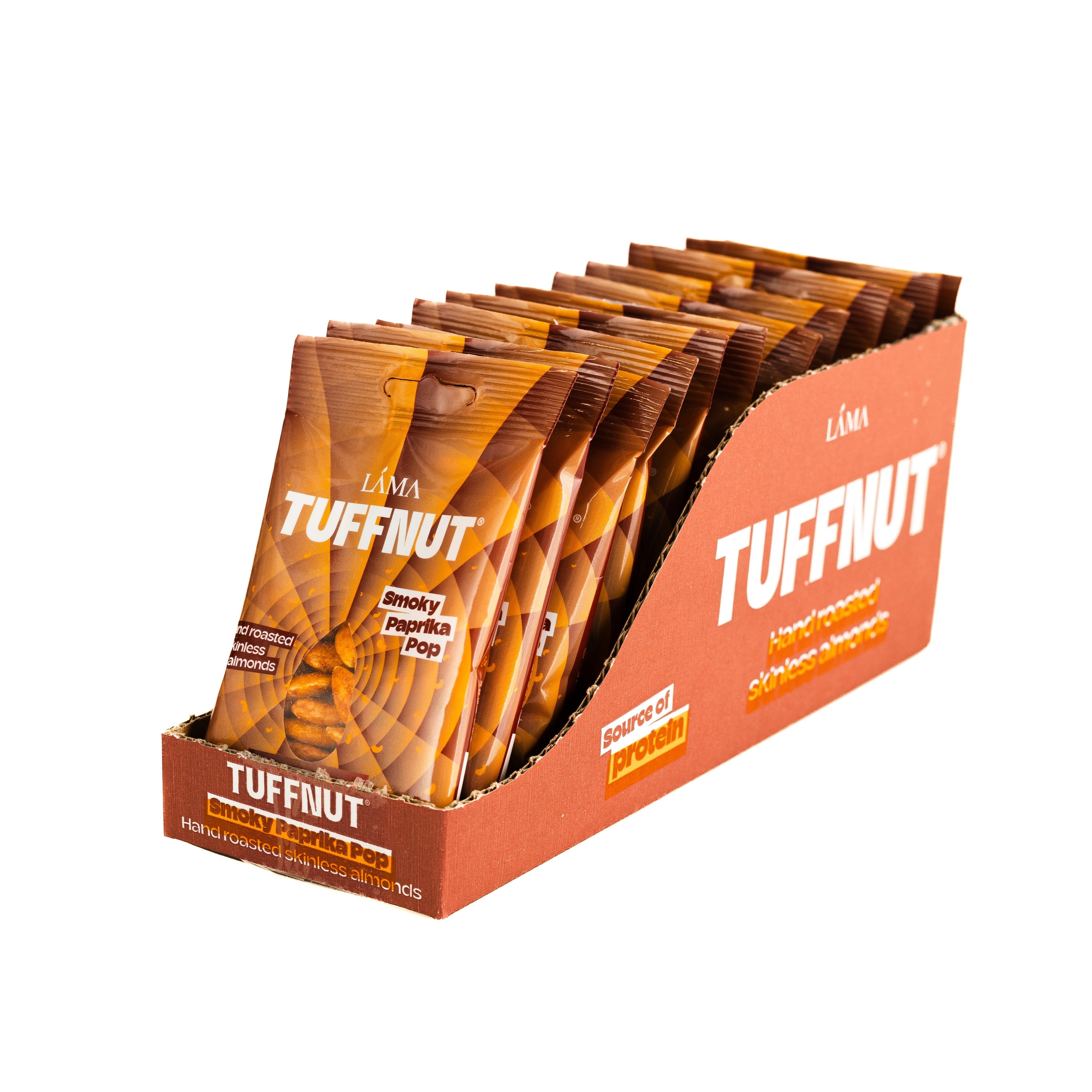 Display box of Tuffnut Smoky Paprika Pop snack packs on a white background