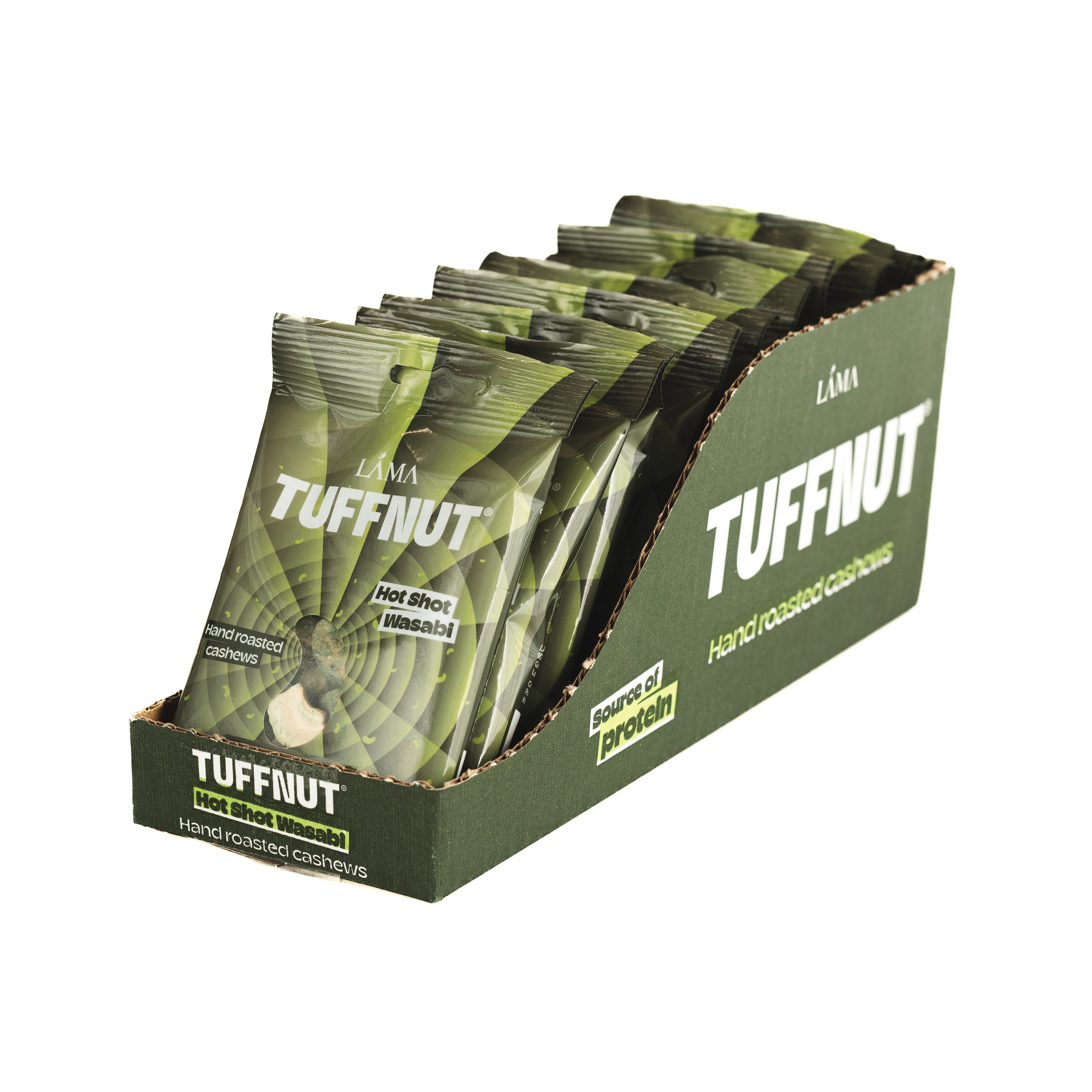 Box of TUFFNUT Wasabi Flavours Cashews packets in a box on a white background
