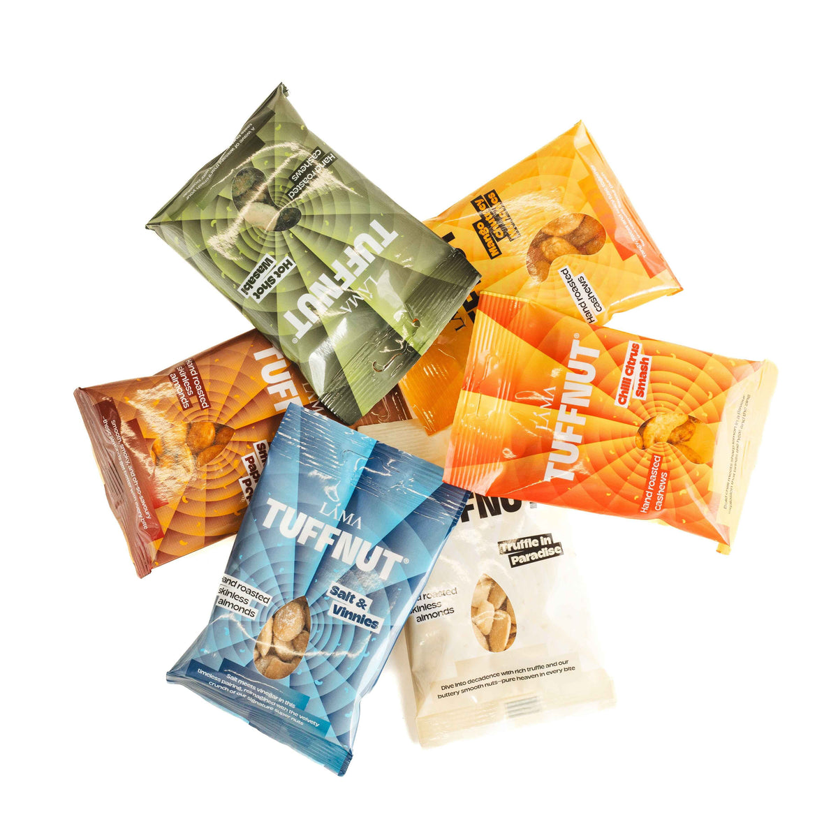 Assorted Tuffnut snack packets on a white background